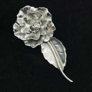 Georg Jensen USA Sterling Silver Large Rose Brooch #124 Stem Leaf Flower 3.5"